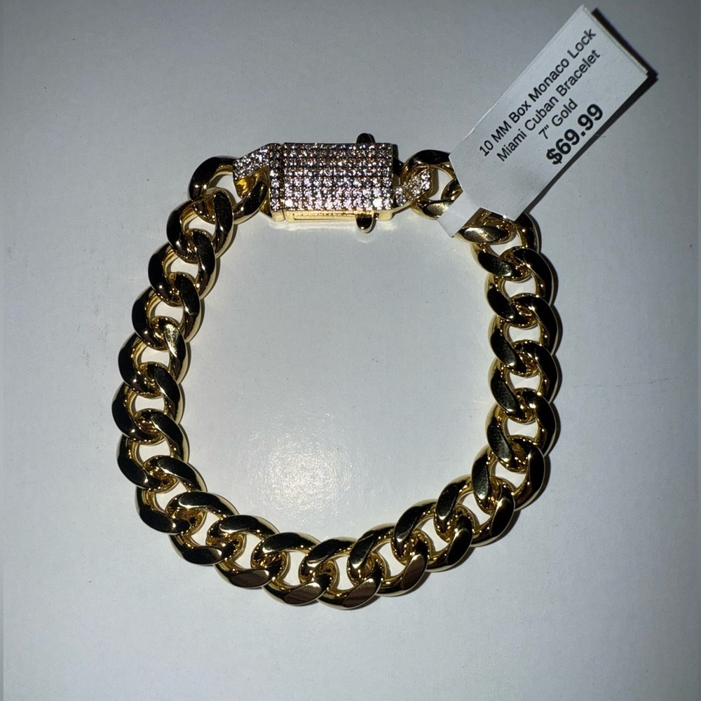 New 10mm Box Monaco Lock Miami Cuban 7” Gold Braclet